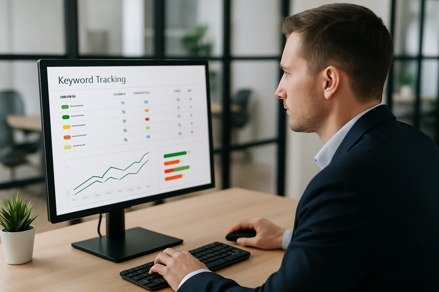 A professional marketer reviewing a keyword tracking dashboard on a desktop monitor in a modern office setting, with graphs showing upward ranking trends and color-coded keyword performance indicators