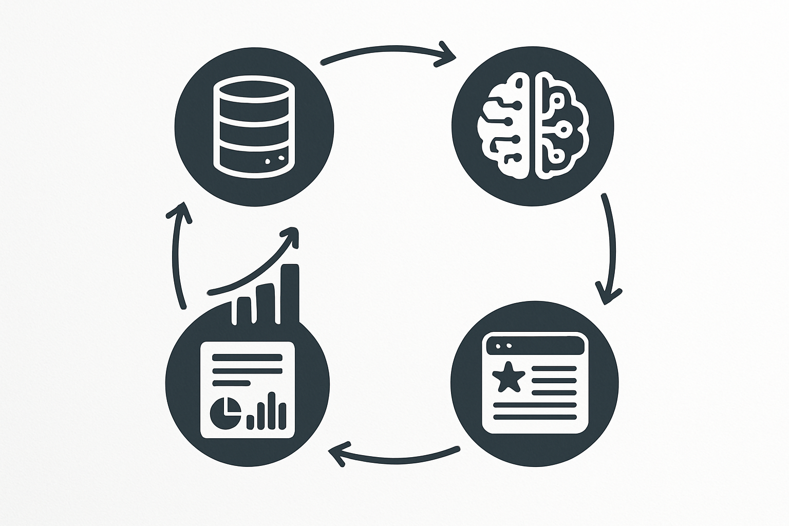 An infographic illustrating the workflow of an AI powered SEO platform — showing data ingestion, machine learning analysis, content recommendations, rank tracking, and reporting in a connected circular flow diagram