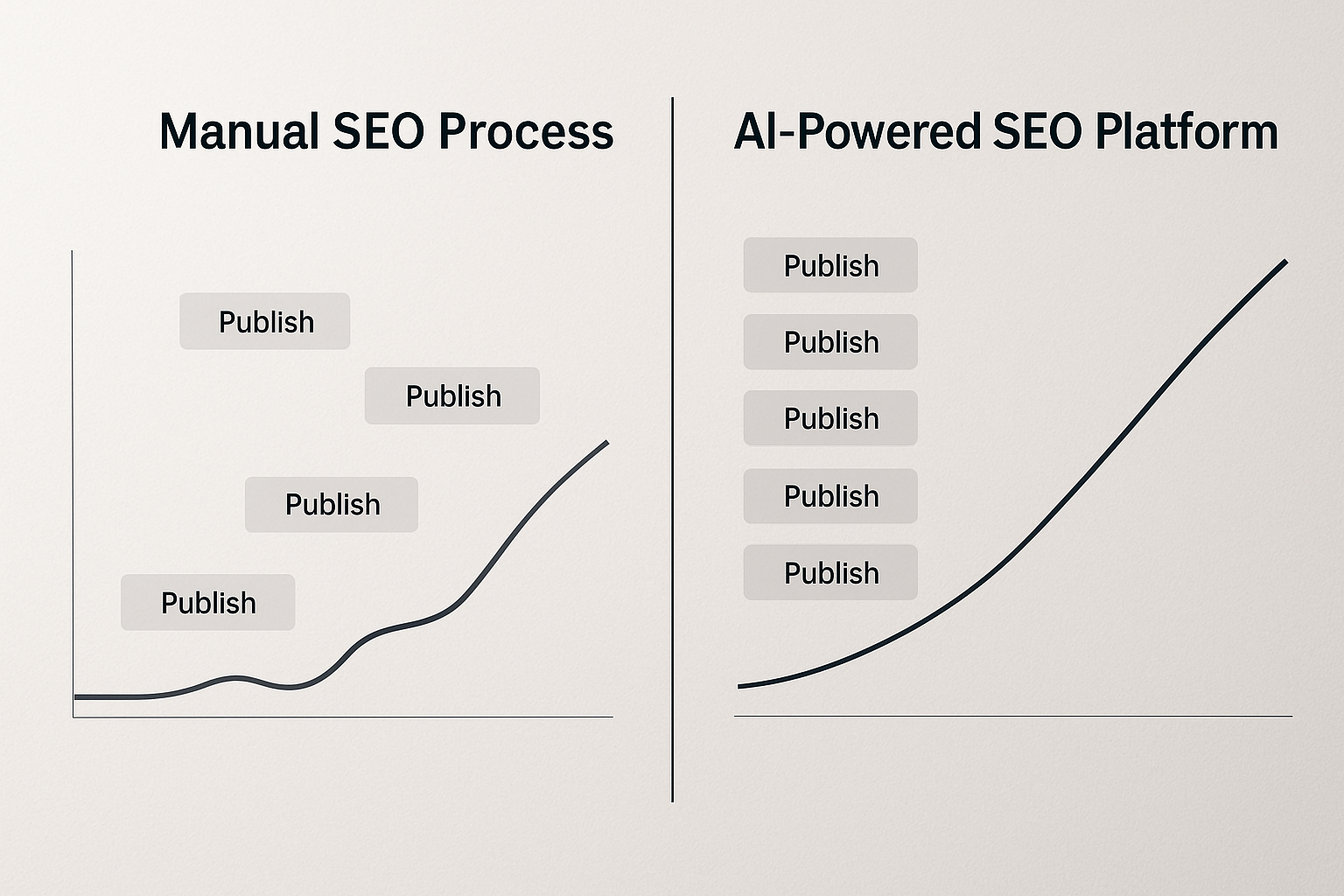 A side-by-side comparison graphic showing a website content strategy timeline — one side labeled "manual SEO process" with scattered timelines, and the other showing an "AI powered SEO platform" with streamlined, coordinated publishing schedules and ranking growth curves