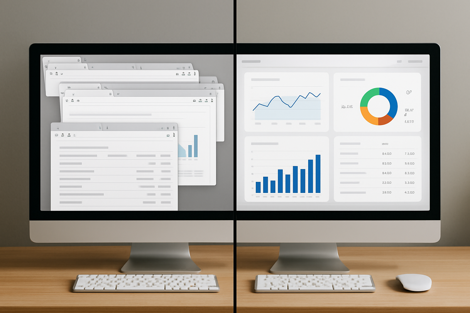 A side-by-side comparison graphic showing a cluttered multi-tab browser setup representing traditional SEO tools on the left, versus a clean unified SEO analytics dashboard on the right with integrated data streams, highlighting the efficiency advantage of modern platforms