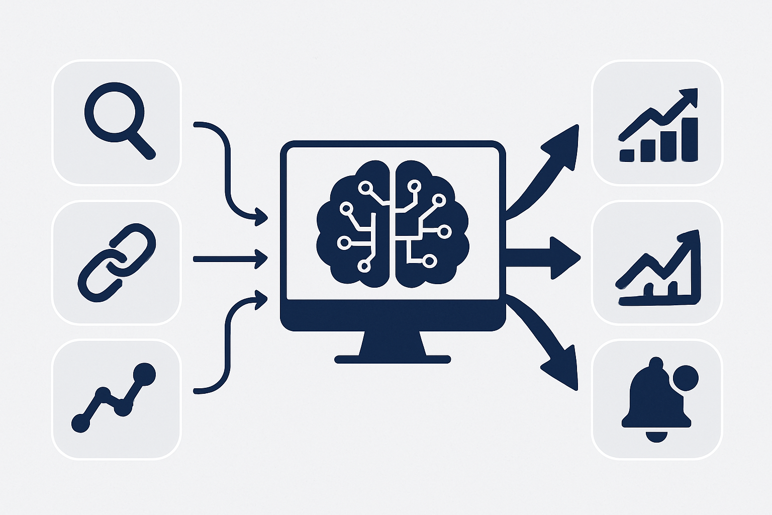 An infographic showing how AI-powered SEO analytics dashboard software processes data through machine learning algorithms, with arrows flowing from raw keyword data, backlink signals, and traffic patterns into an AI engine that outputs ranked recommendations, traffic predictions, and automated alert notifications