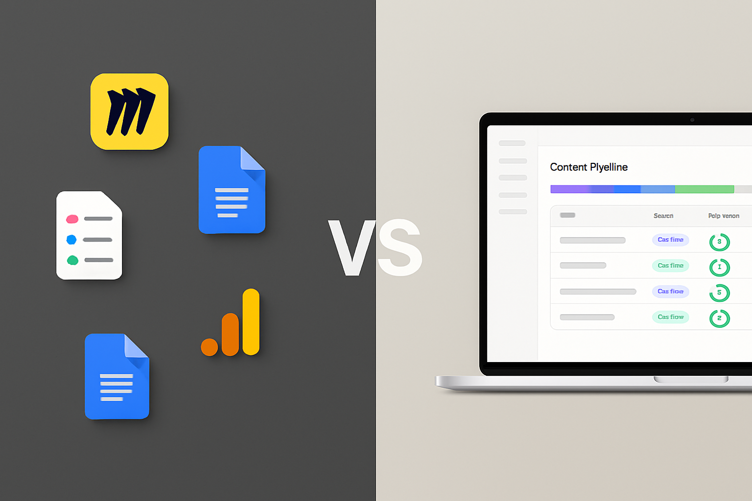 A side-by-side comparison graphic showing a manual content workflow with multiple disconnected tools on the left versus a streamlined automated SEO content pipeline with a single unified dashboard on the right