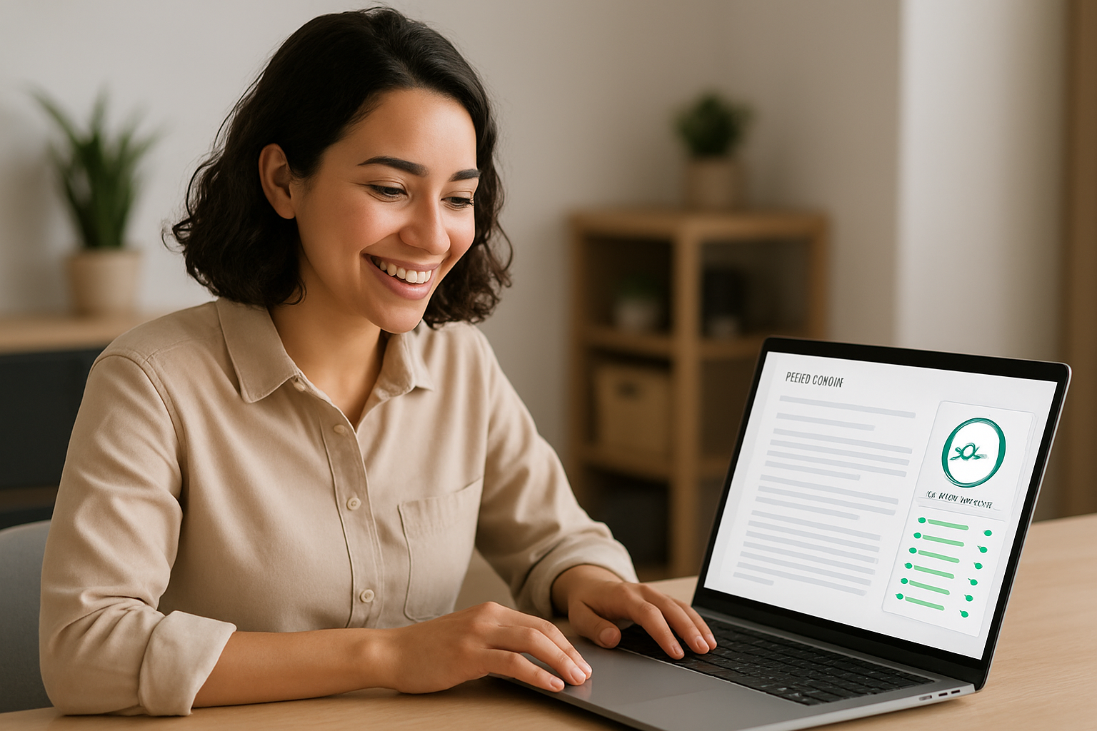 A small business owner sitting at a laptop with a cheerful expression, reviewing a completed SEO article on screen with a content score of 92/100 and a keyword analysis panel showing green indicators for all optimization criteria