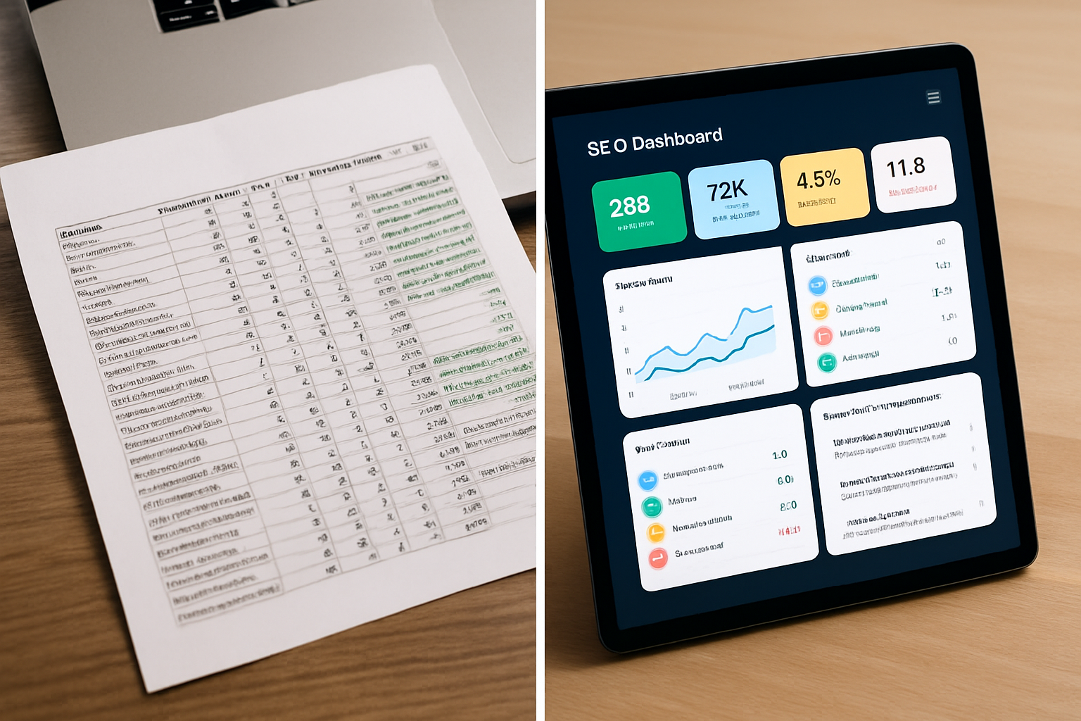 A split-screen comparison graphic showing a cluttered, outdated SEO spreadsheet on the left and a sleek, AI-powered SEO dashboard with color-coded insights, trend graphs, and automated recommendations on the right