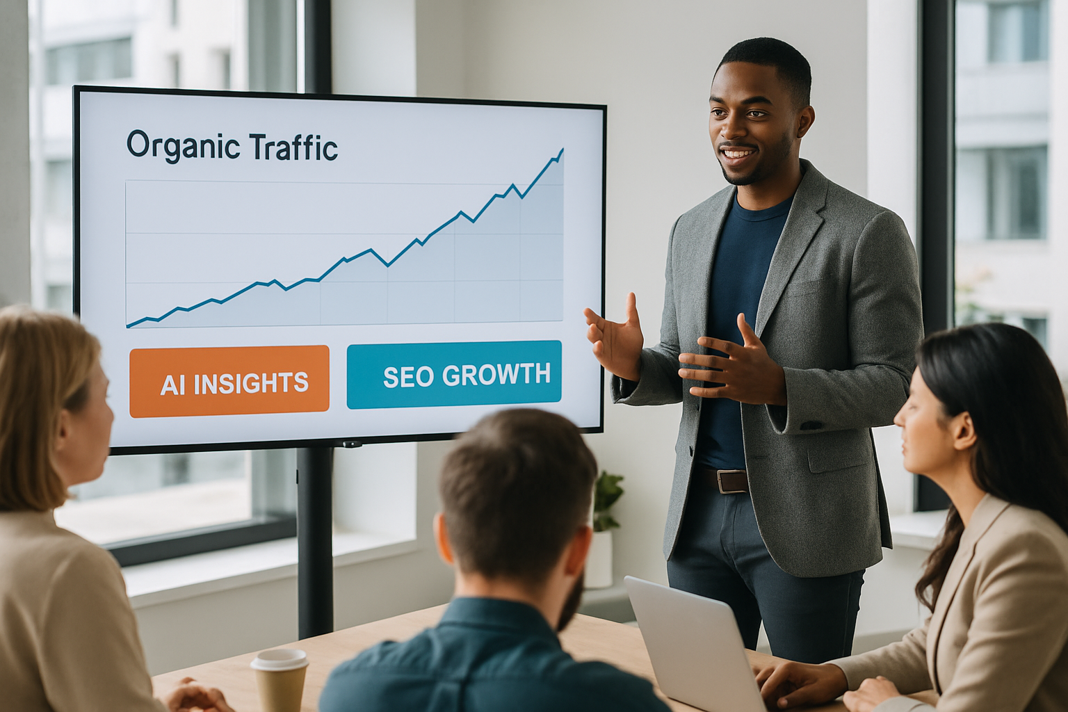 A confident digital marketer presenting SEO growth results to a small business team in a bright modern office, with a large screen showing upward-trending organic traffic graphs and AI-generated insights highlighted in bold colors