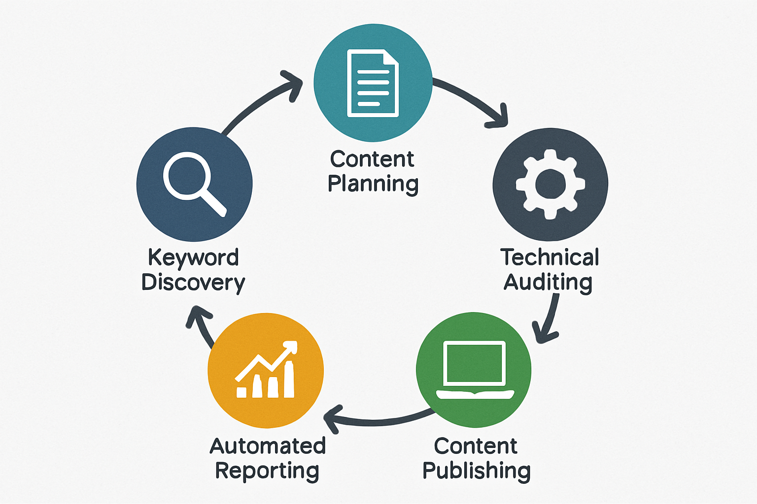 An infographic showing the enterprise SEO automation workflow: from keyword discovery and content planning through technical auditing, content publishing, rank tracking, and automated reporting, displayed as a circular pipeline diagram