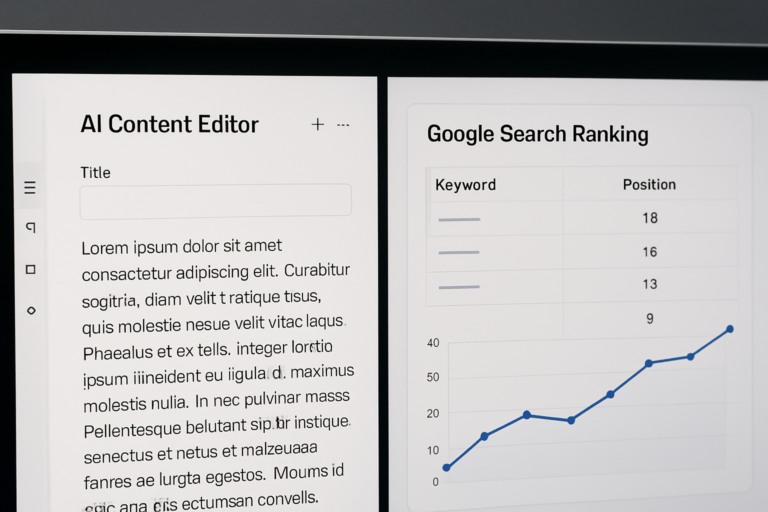 Mid-article image showing a split-screen of an AI content editor interface on one side and a Google search ranking report showing rising positions on the other, illustrating the connection between AI content creation and SEO results
