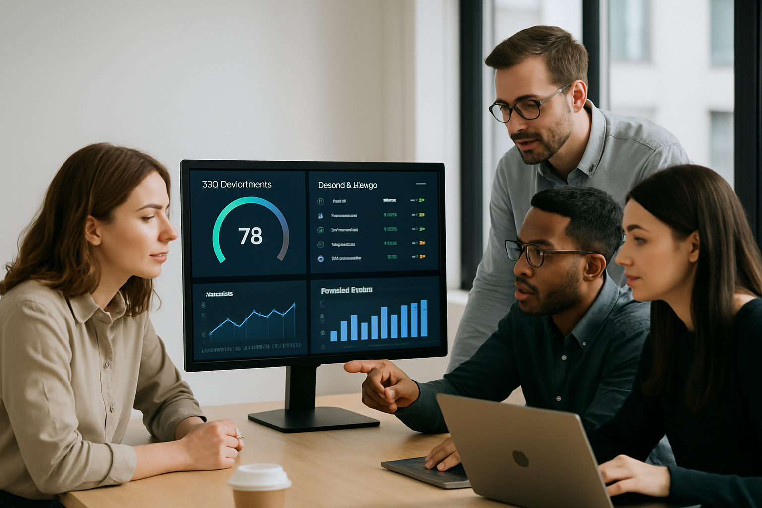 A modern marketing team collaborating around a digital dashboard showing SEO performance metrics, keyword rankings, and content output graphs — representing a scalable team workflow