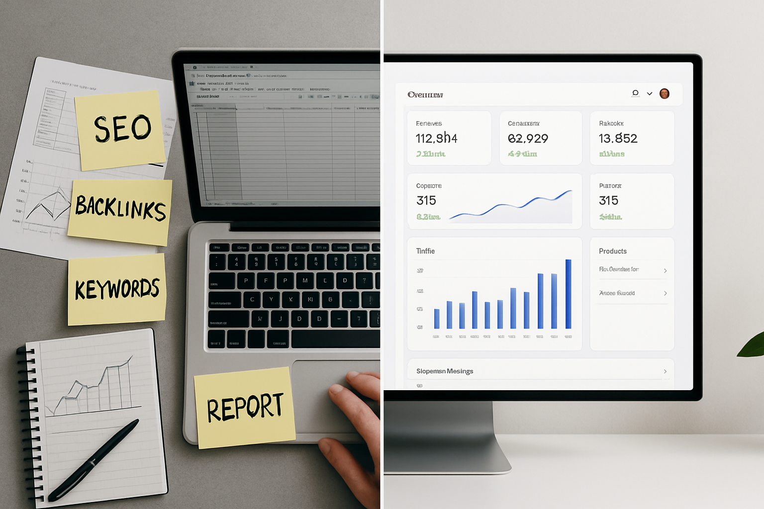 A split-screen illustration comparing a fragmented legacy SEO workflow with sticky notes, spreadsheets, and disconnected tools on one side, versus a clean unified scalable SEO platform dashboard with shared access and automated reporting on the other